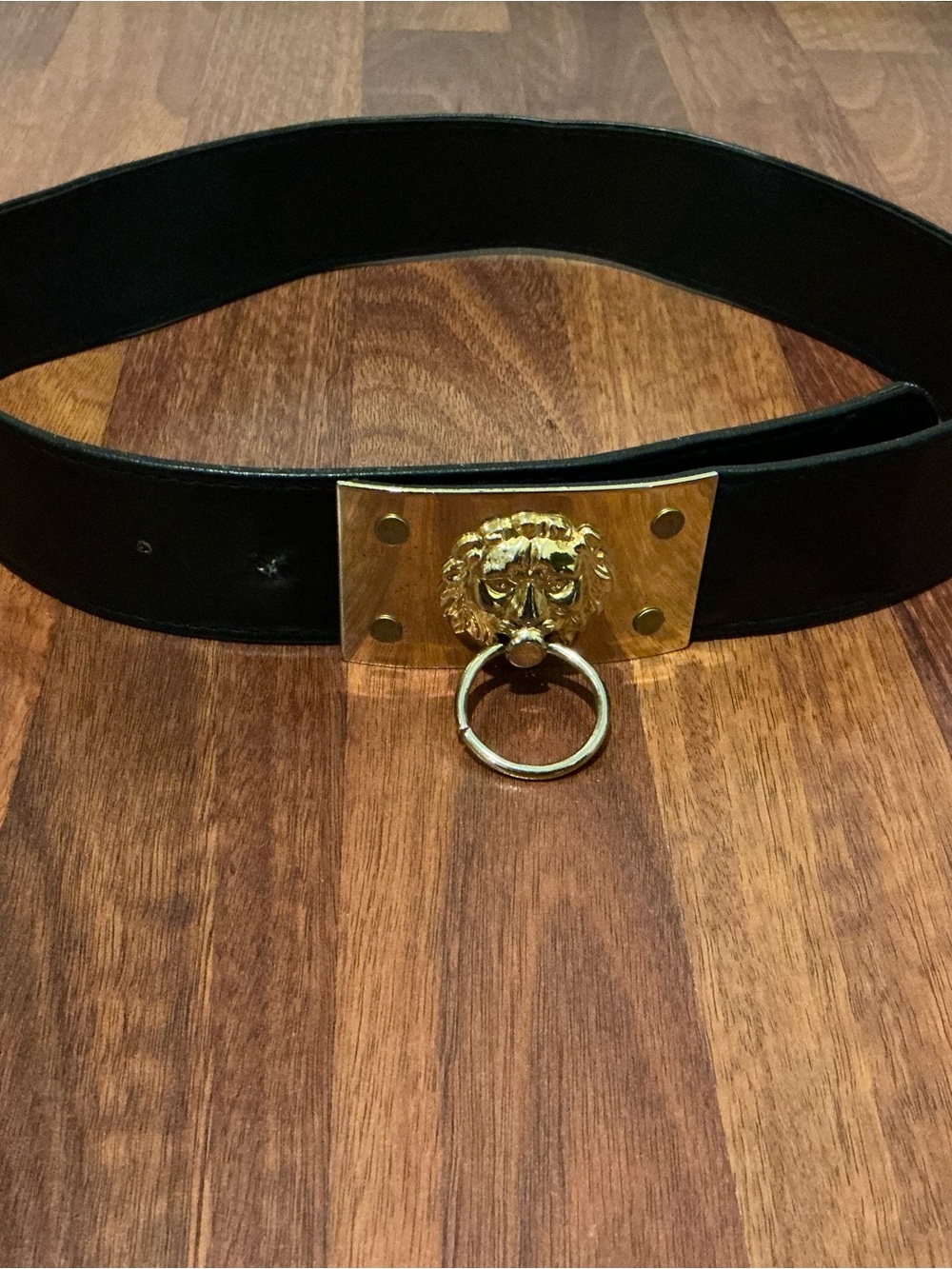 Vintage Black Faux Leather Belt with Gold Lion Ring Buckle